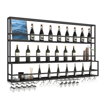 Black Floating Modern Wine Bottle & Glass Rack w/ Light - 200x25x121 cm