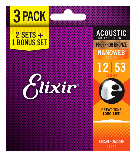 Elixir 16545 Acoustic Phosphor Bronze w/ Nanoweb Coating - Light (12-53) - 3-Pack