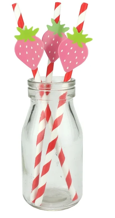 Strawberry Red and White Striped Paper Straws (Pack of 12)