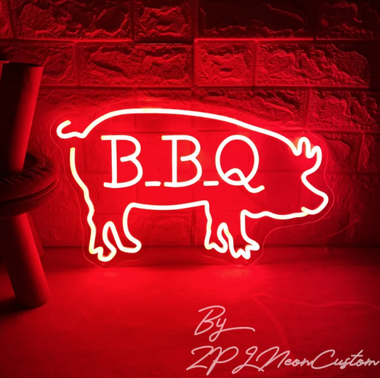 BBQ Neon Sign American Barbecue Steak Led Light RED USB - 40 x 24cm