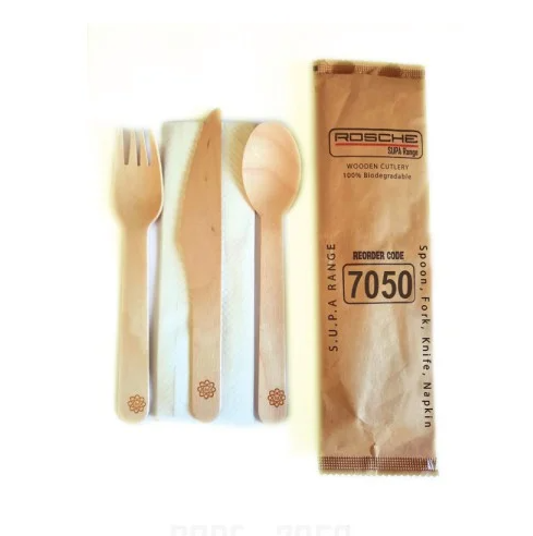 7050 Bamboo Wooden Cutlery – Fork, Knife, Spoon and Napkin, 250PK