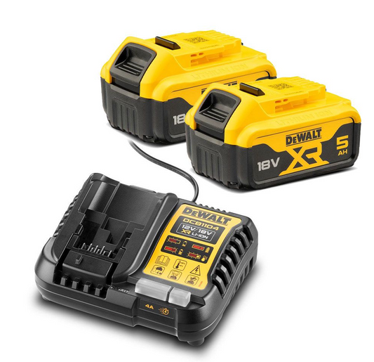 DeWalt DCB184-XE + DCB1104-XE 18V 5.0Ah 2-Pack XR Li-Ion Cordless Slide Battery and Multi-Voltage Battery Charger