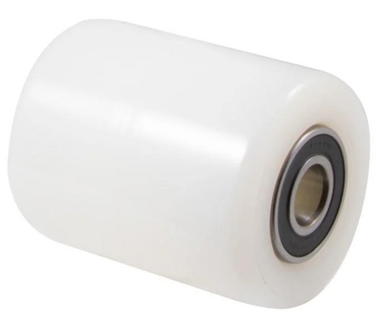 Nylon roller for pallet trucks, 82mm diameter x 100 width wheel, twin precision bearing, 25mm bore, 800kg load