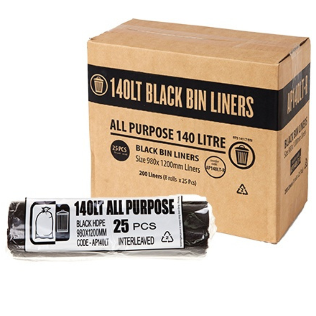 All Purpose, Contractor Bin Liner, Star Seal, Black, 140L 25/Roll, 8/Ctn