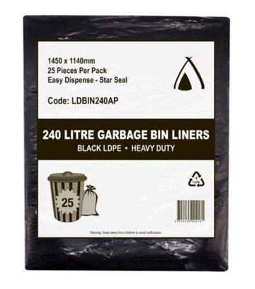 Heavy Duty, Bin Liner, Black, 240L 100 Ctn