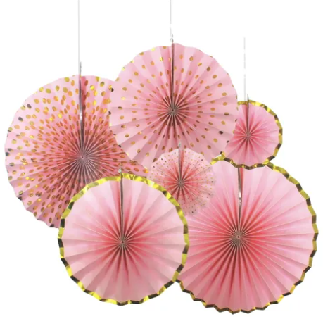 Pink and Gold Paper Fan Decorations (Pack of 6)