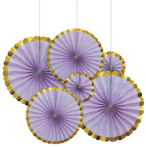 Lilac and Gold Paper Fan Decorations (Pack of 6)