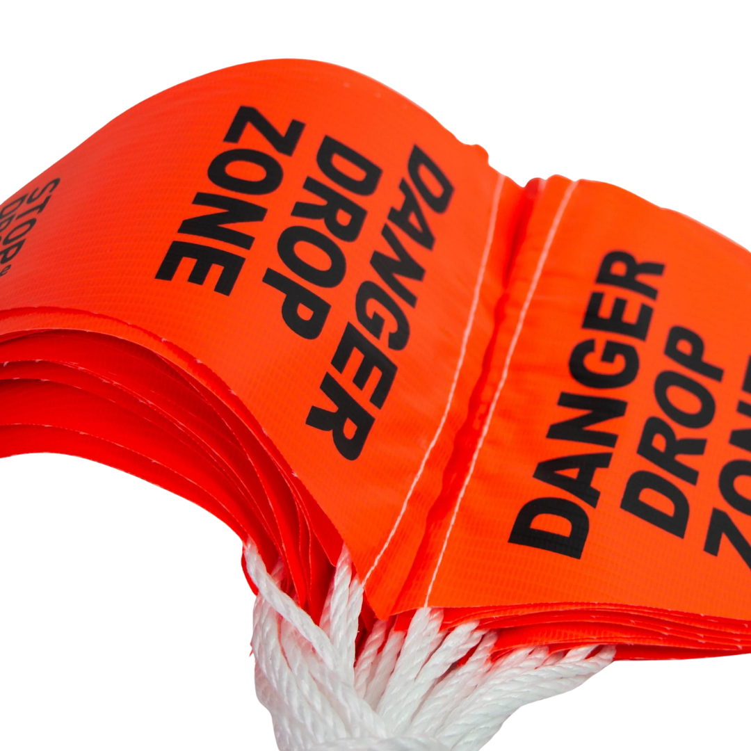 "DANGER DROP ZONE" Bunting Safety Flags on Rope - Orange