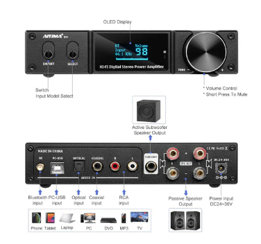 AIYIMA D05 Bluetooth Hi-Res DAC 120W x 2 Channel Amplifier - 183 x 128.5 x 37mm