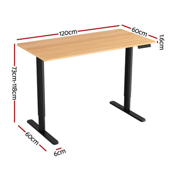 Electric Standing Desk Sit Stand - Black + Natural Wood - L 120 x W 60 x H 73-118cm