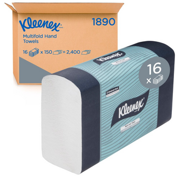 KLEENEX 01890 Multifold Hand Towel, White 24cm x 23.3cm, 150 Towels/Pack, 16 Packs/Case