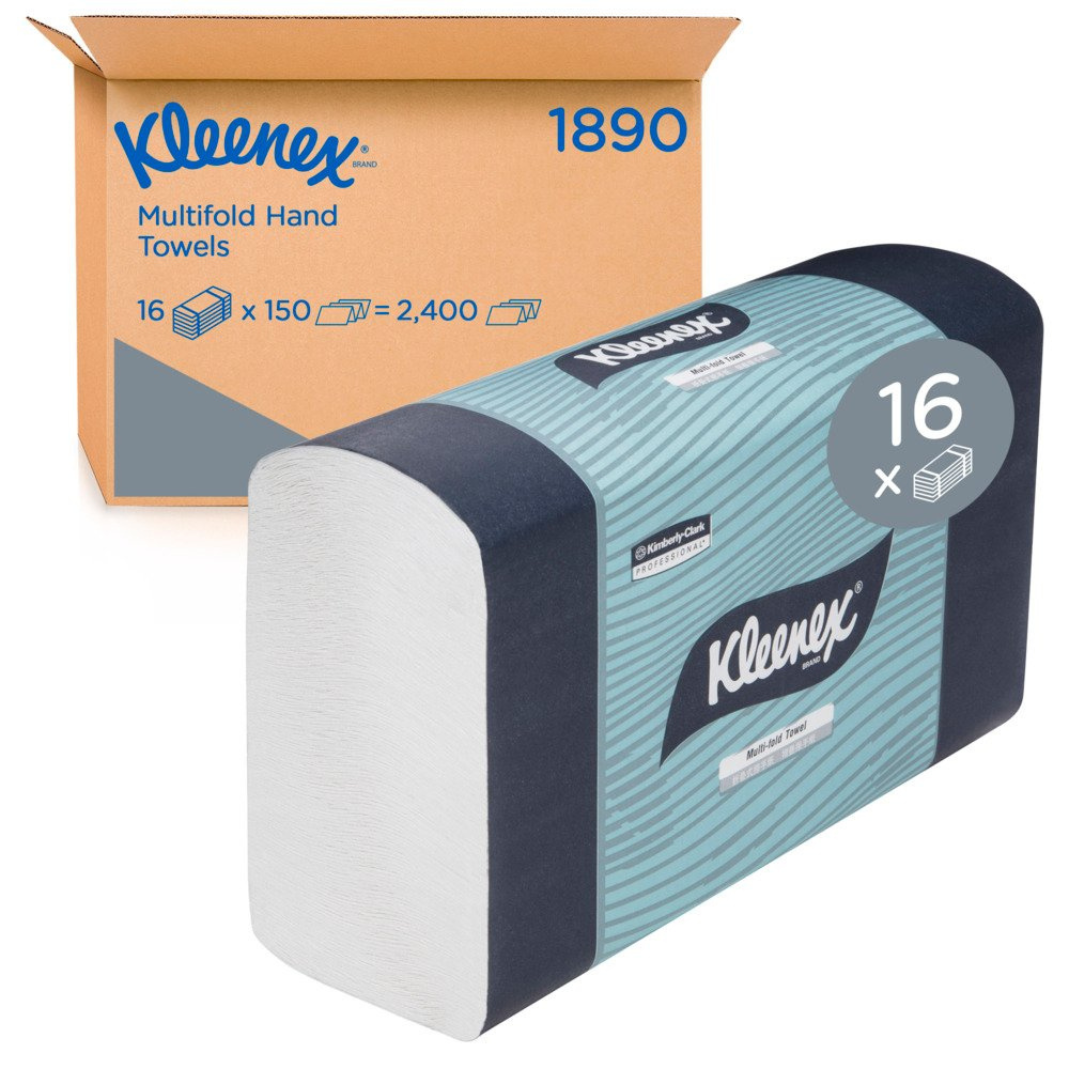 KLEENEX 01890 Multifold Hand Towel, White 24cm x 23.5cm, 150 Towels/Pack, 16 Packs/Case