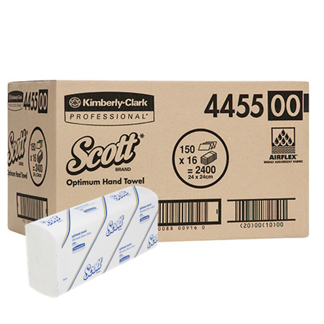 SCOTT 4455 Optimum Hand Towel, White 24cm x 24cm, 150 Towels/Pack, 16 Packs/Case