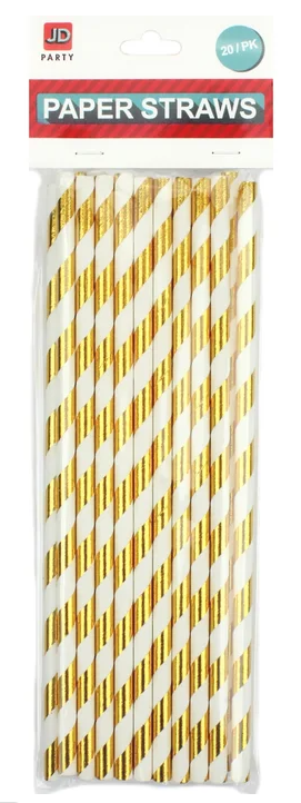 Metallic Gold and White Striped Paper Straws (Pack of 20)