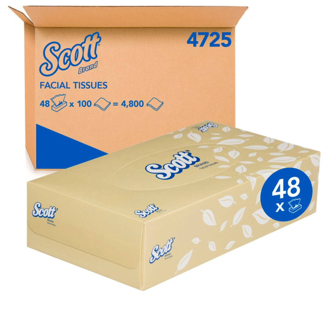 SCOTT 4725 Facial Tissue, White 2 Ply, 100 Tissues/Pack, 48 Packs/Case