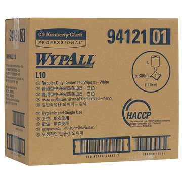 WYPALL 94121 L10 Regular Duty Centrefeed Wiper, White 1 Ply 20cm x 38cm, 790 Wipers,300 Metres/Roll, 4 Rolls/Case