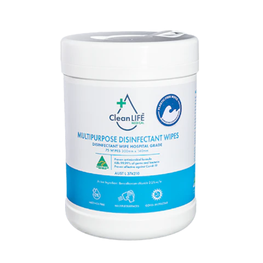 CleanLIFE Medical Multipurpose Disinfectant Wipes, 300 x 140mm, 75 Wipes, Canister