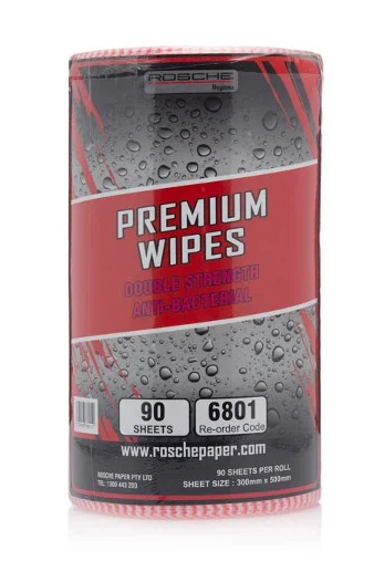 Rosche 6801 Premium Wipes (Red) Double Strength Anti-Bacterial 45m, 90 sheets