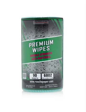 6802 Premium Wipes (Green) Double Strength Anti-Bacterial 45m, 90 sheets