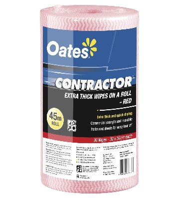 CLR-090-R Oates Contractor Extra Thick Wipes Roll, Red, 300x500mm, 90/roll