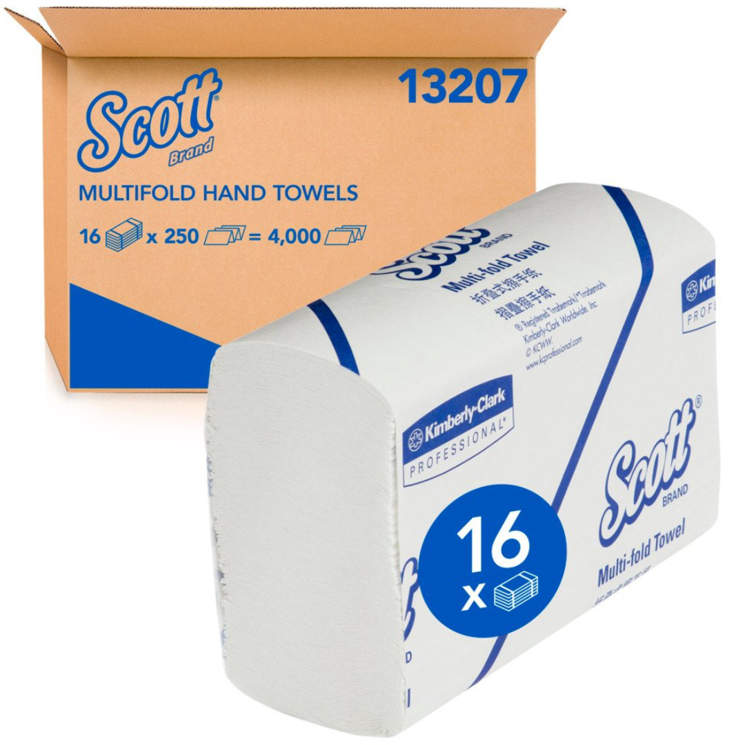 SCOTT 13207 Multifold Hand Towel, White 24cm x 23.3cm, 250 Towels/Pack, 16 Packs/Case