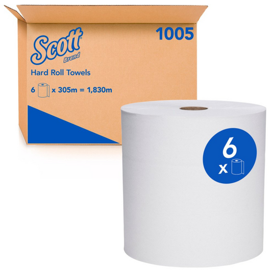 SCOTT 1005 Hard Roll Hand Towel, White 1 Ply, 305 Metres/Roll, 6 Rolls/Case