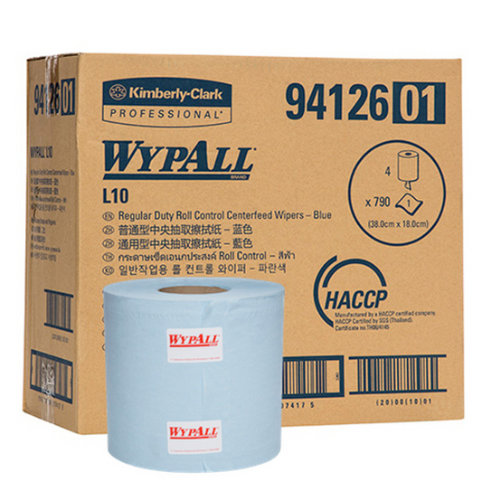 WYPALL 94126 L10 Roll Control Centrefeed Wiper, Blue 18cm x 38cm, 790 Wipers 300 Meters/Roll, 4 Rolls/Case