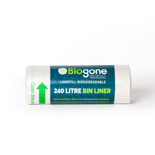 BioGone 240L Bin Liner, Green. 30um Ctn 10 x Roll 10 bags, 100% recycled
