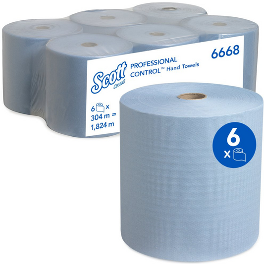 SCOTT 6668 Hard Roll Hand Towel, Blue 1 Ply, 305 Metres/Roll, 6 Rolls/Case