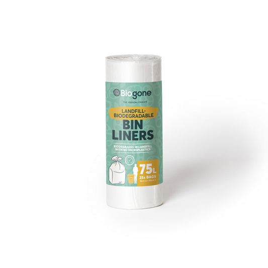 BioGone 75L Bin Liner, Clear. 20um Ctn 10 x Roll 25 bags, 50% recycled