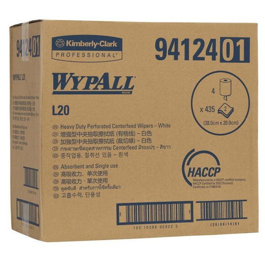 WYPALL 94124 L20 Heavy Duty Perforated Centrefeed Wiper, White 2 Ply 20cm x 38cm, 435 wipers, 165 Metres/Roll, 4 Rolls/Case