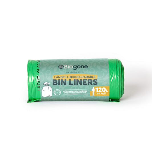 BioGone 120L Bin Liner, Green. 30um Ctn 10 x Roll 20 bags, 100% recycled (200CTN)