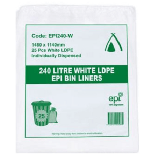 240LTR WHITE LDPE BIN LINER + EPI 1C/1S, 100 Ctn