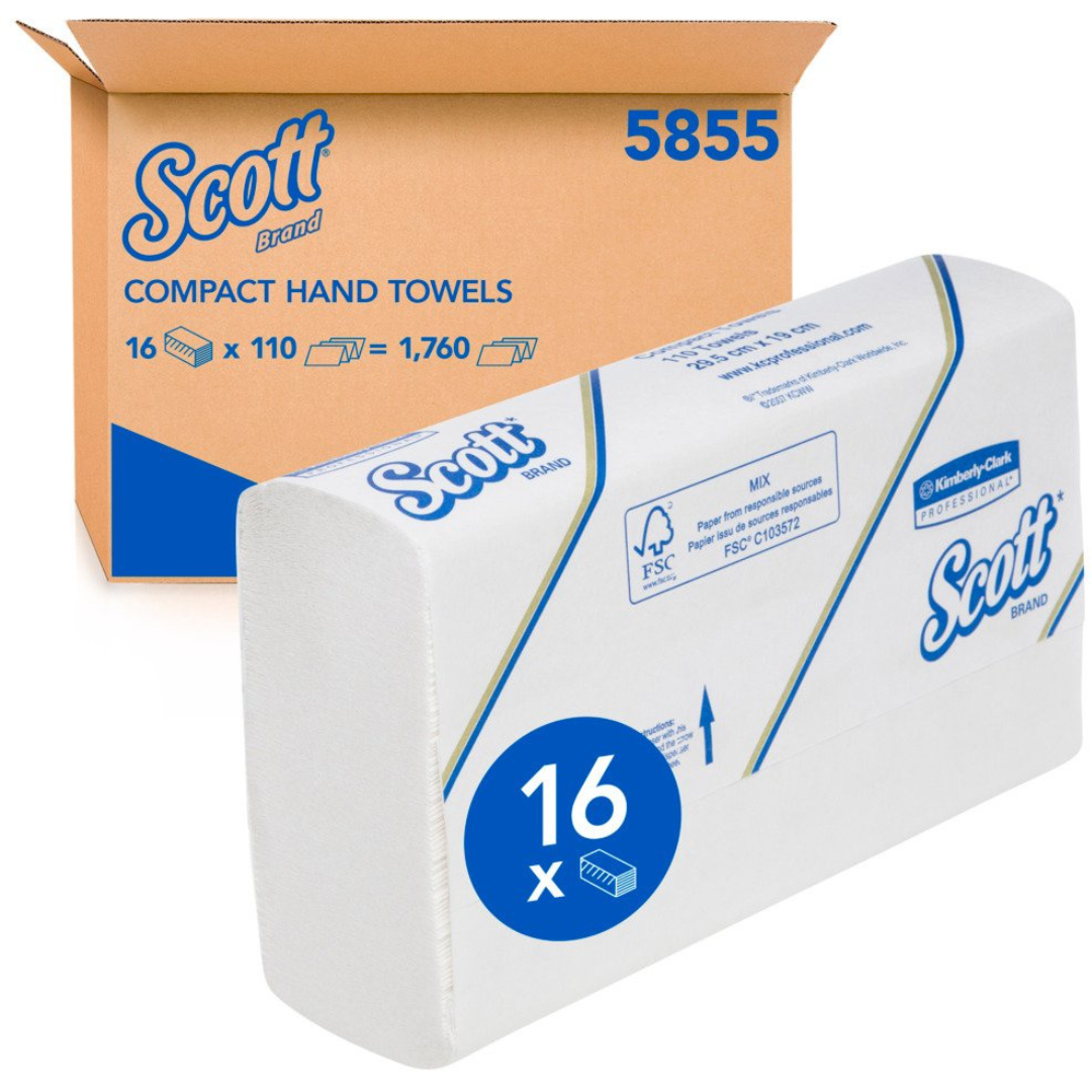 SCOTT Control™ 5855 Compact Hand Towel, White 29.5cm x 19cm, 110 Towels/Pack, 16 Packs/Case