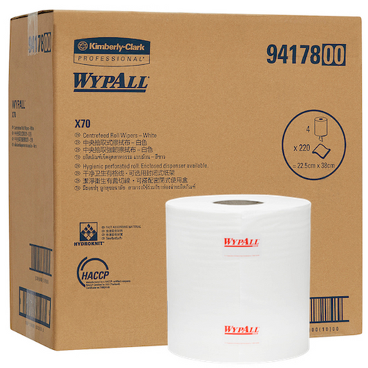 WYPALL 94178 X70 Centrefeed Roll Wiper, White 22.5cm x 38cm, 220 Wipers/Roll, 4 Rolls/Case