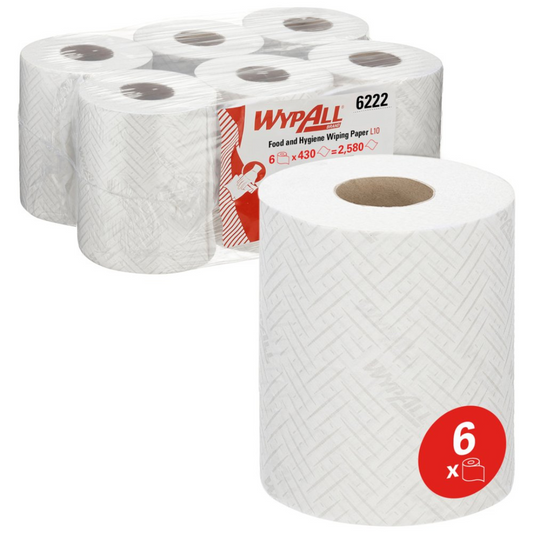 WYPALL 6222 L10 Reach™ Centrefeed Wiper, White 18.30cm x 38cm, 430 Wipers 163 Meters/Roll, 6 Rolls/Case